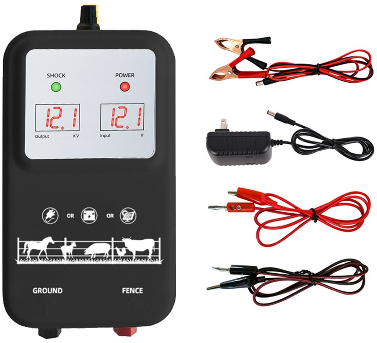 Elektrische afrasteringspulsgenerator – Elektrische afrasteringsset voor vee – Werkt op zonne-energie – Instelbare afrasteringsversterker – Bescherming van wilde dieren – Instelbaar uitgangsvermogen – 17*9,5*6,5 cm – 7-12 kV – Zwart