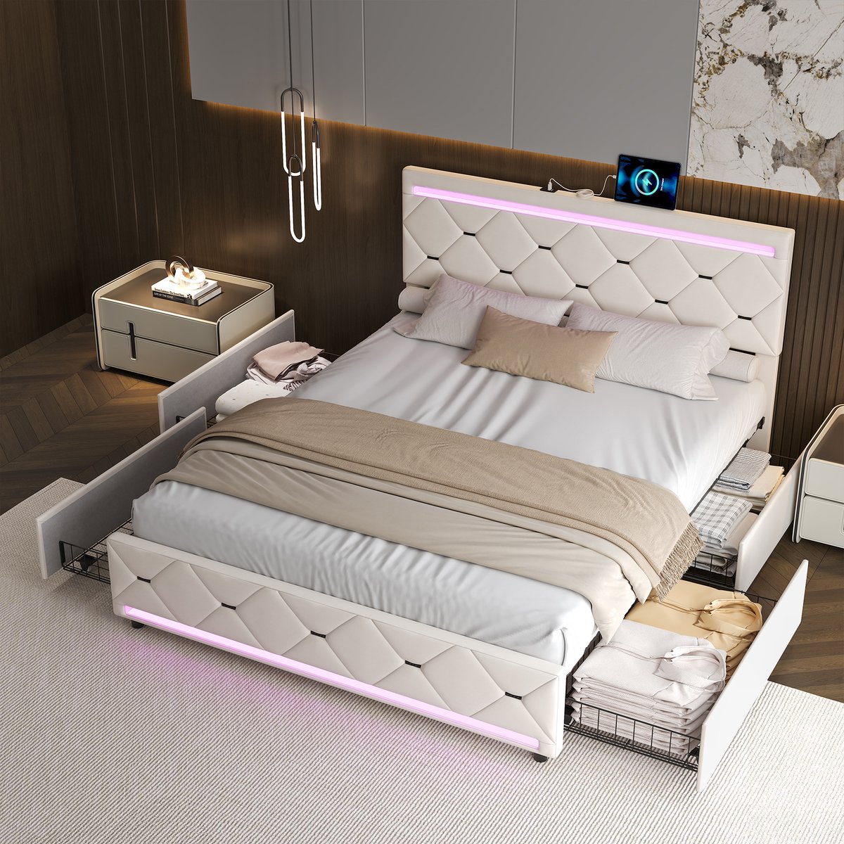 Tweepersoonsbed 140x190 cm, bedframe met 4 lades en lattenbodem, LED-hoofdbord met opbergvak en 2 USB-poorten, bed voor tieners, gestoffeerd bed 140x190 cm, Fluweel Beige
