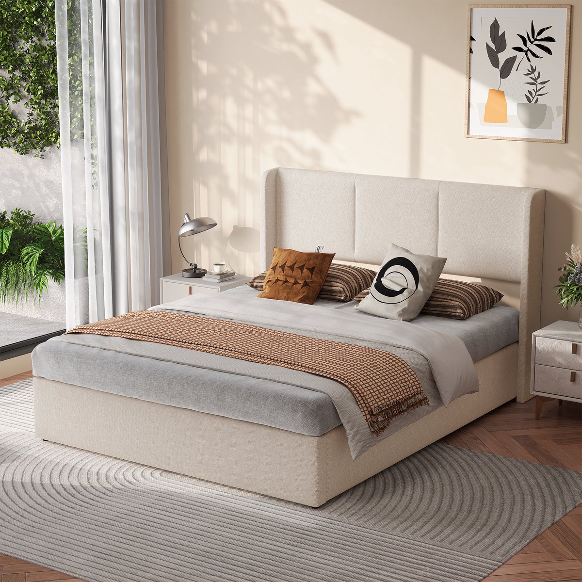Tweepersoonsbed 160x200 Beige – Modern Linnen Bed met Opbergruimte – Gestoffeerd Bed met Vleugel Hoofdbord en Lattenbodem