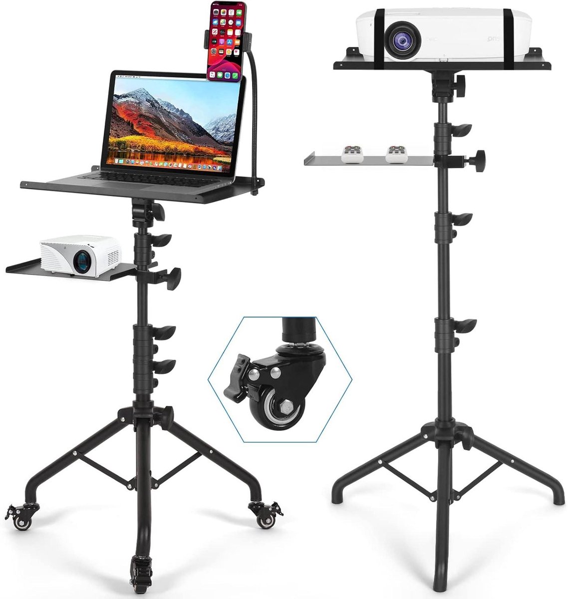 Laptopstandaard met wielen - Verrijdbare standaard - Projector presentatie - In hoogte verstelbaar - Tot 131 cm - Zwart