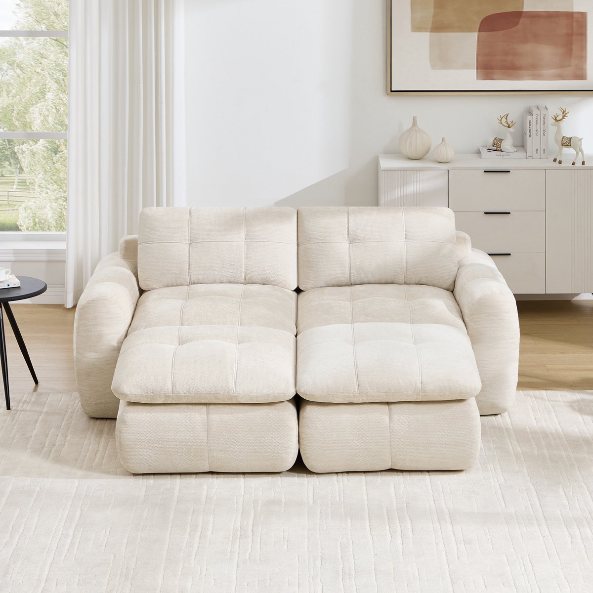 Intebiki 2-zits Hoekbank - Chenille stof - Modulaire L-vormige bank - Geen montage nodig - inclusief 2 poef - beige