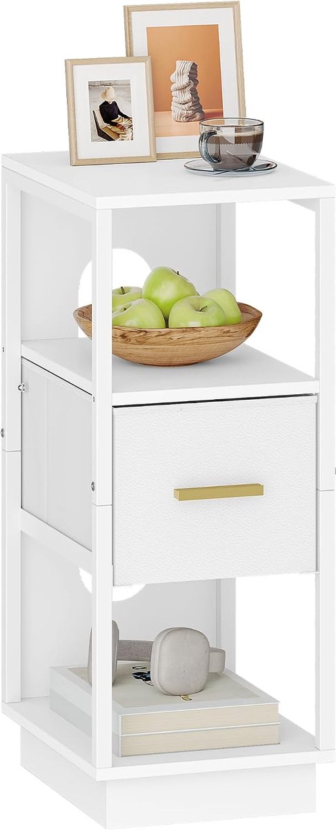 Hzuaneri Nachtkastje, Smal Nachtkastje met 1 Stoffen Lade, Bijzettafel met Open Vak, Modern, voor Slaapkamer, Woonkamer, 30 x 24 x 60 cm, Wit