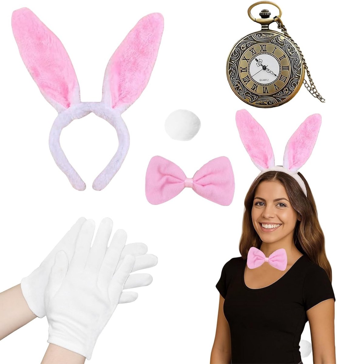 Bunny Kostuum Accessoire Set - 5-delige Set met Konijnen Hoofdband, Handschoenen, Staart, Zakhorloge en Stropdas voor Carnaval, Pasen, Halloween en Feestjes