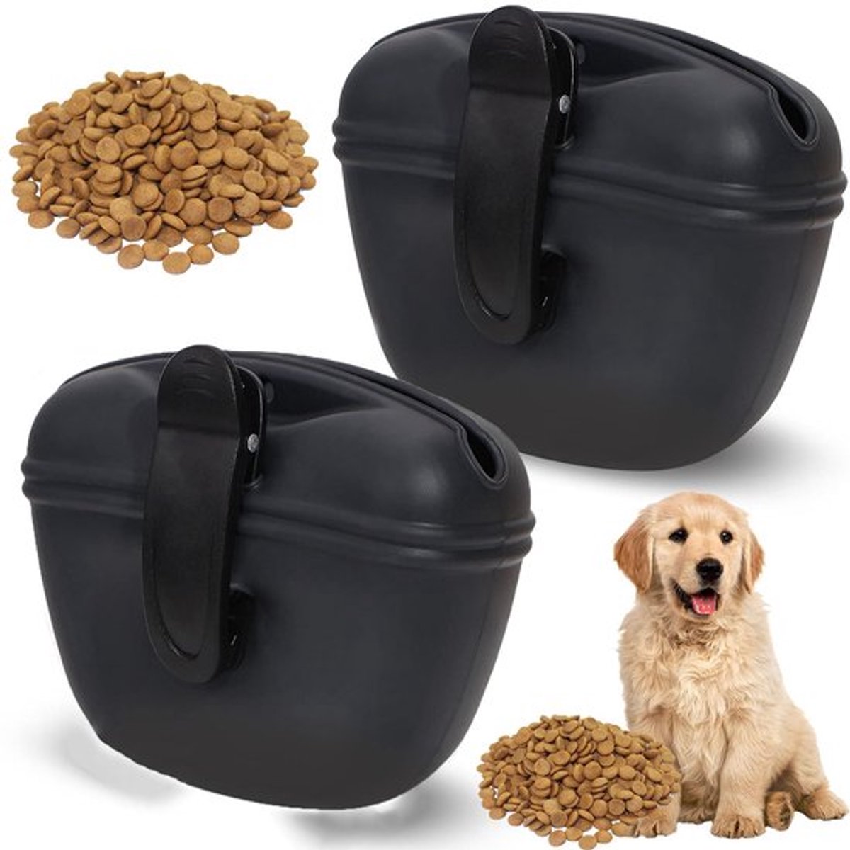 2-stuks draag bare heuptas voor honden training - Met magnetische sluiting en heupclip - Opbergzak voor snoepjes - Draagbare tas voor natte snoep jestraining - Voor puppy's - Geschikt voor gehoor zaamheid, behendigheid en buiten activiteiten - Zwart