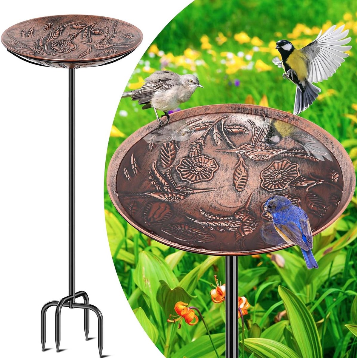 Vogelbad Staand - Tuindecoratie Buiten - Vogels Voeren - Winterbestendig Grondanker - 100 cm Hoog - Koperkleurig