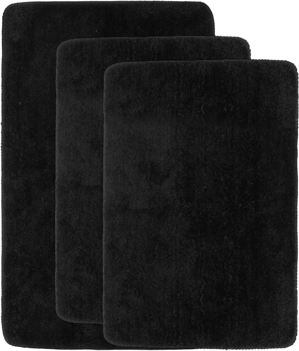 SnelShoppen - Set van 3 Badmatten 40 x 60 cm en 50 x 80 cm Zwart - Luxe Badkamer Tapijten - Antislip - Hoogpolig Polyester - Comfortabel en Stijlvol