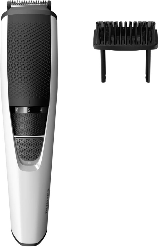 Philips baardtrimmer in wit en zwart, met een verstelbare opzetkam.