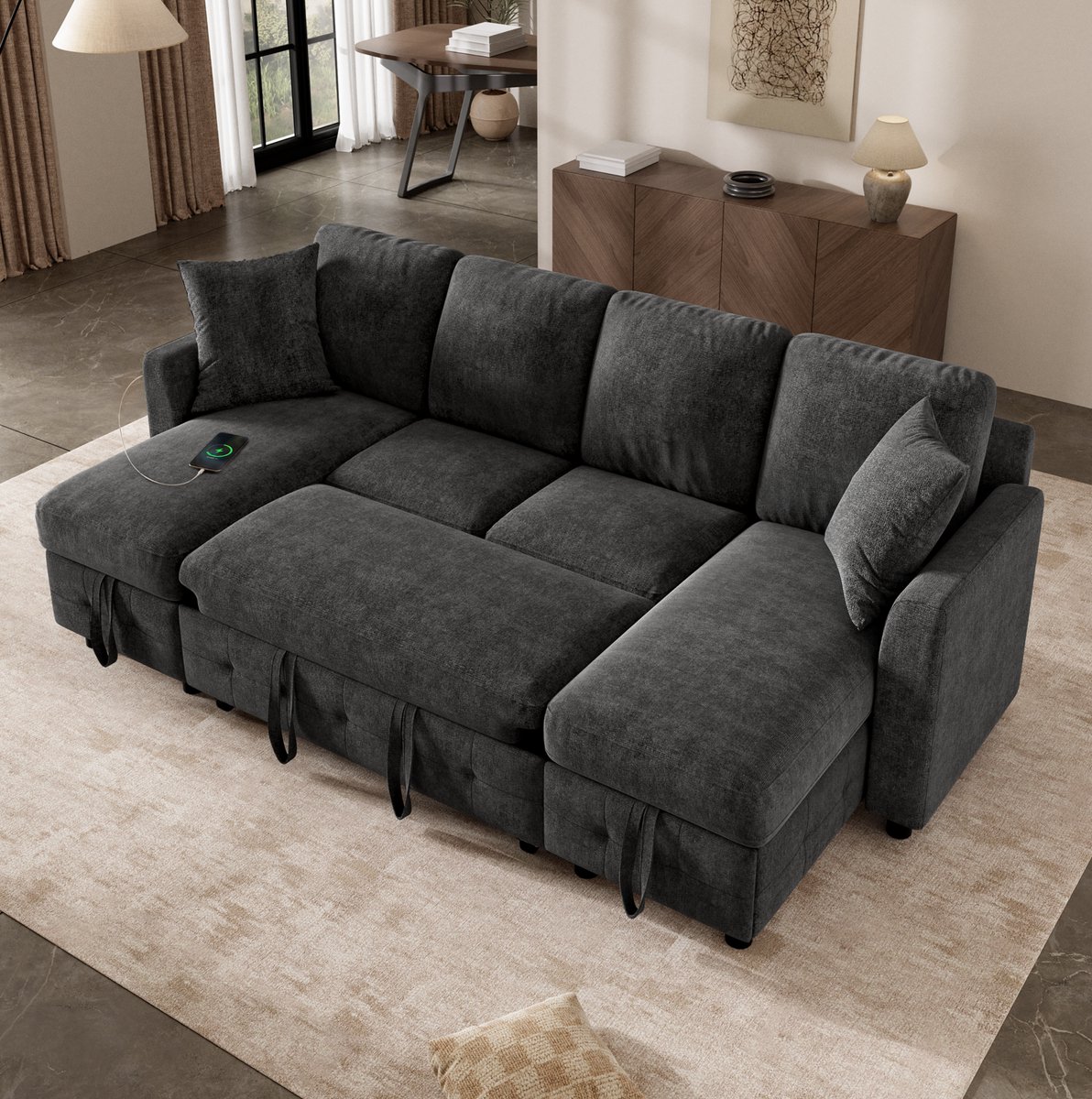 MIVRAY U-bank 260 x 128 x 82 cm - Slaapbank Met Opbergruimte En USB Type-C Oplaadpoorten - Voor Woonkamer - Chenille - Grijs