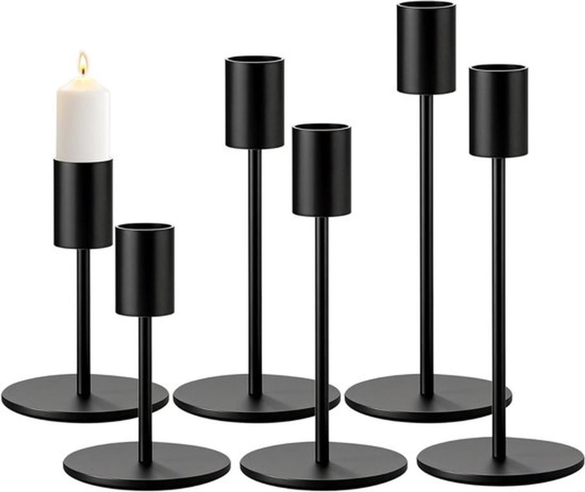 Set van 6 zwarte kaarsenstandaards voor staafkaarsen, perfect voor tafeldecoratie, bruiloften en feesten, binnendiameter 2 cm (8,5/14/16 cm)