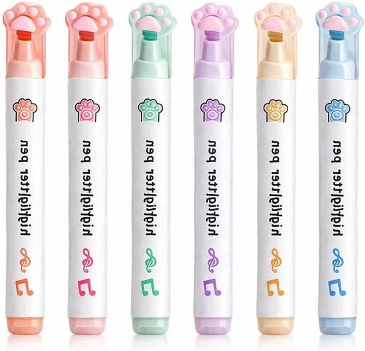 Set van 6 witte markeerstiften voor school en kantoor, Kawaii kat ontwerp, ideaal voor creatief tekenen