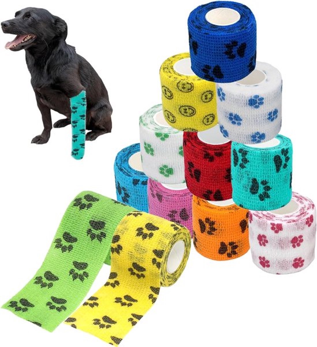 Set van 12 Zelfklevende Elastische Verbanden voor Huisdieren, Fixatiebandage voor Honden en Katten, Ideaal voor Pootbescherming en Wondverzorging