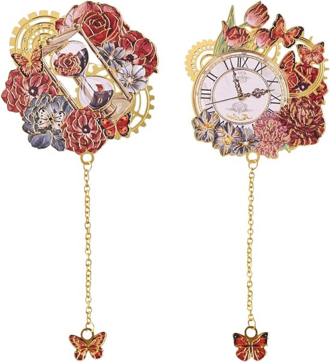 Retro Gothische Boekmerken met Pendant Chain - 2 Stuks, Perfect voor Boekenliefhebbers, Vintage Design, Bloem en Klok Motief, Geschikt voor Volwassenen en Kinderen