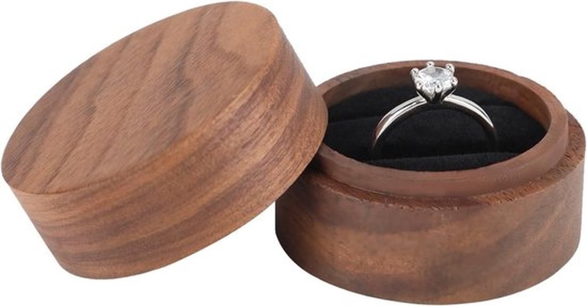 Houten Ringdoos voor 2 Ringen, Rond en Compact, Perfect voor Verloving, Huwelijk en Valentijnsgeschenk, Elegant en Praktisch Accessoire