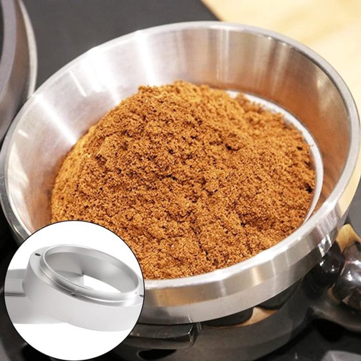 Espresso doseerfunnel ringopvang 58 mm - Aluminium koffie-accessoire voor thuis en in cafés, ideaal voor nauwkeurige porties en koffiebereiding