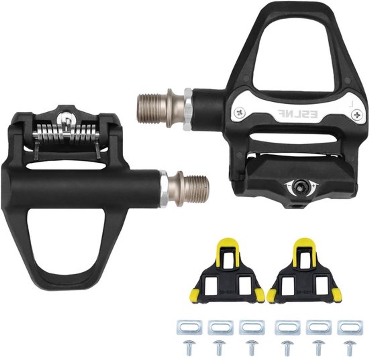 Pedalen voor racefiets, Pedalen van aluminiumlegering voor racefietsen, Set pedalen en klikplaatjes, Geschikt voor brede pedalen op aluminium racefietsen, Binnen- en buitenfietsen, Fietspedalen en klikplaatjes, Fietsonderdelen
