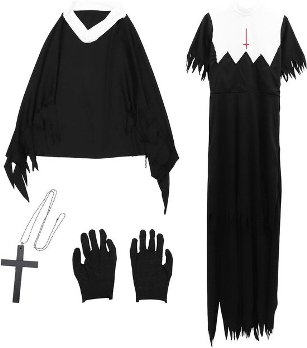 Engelachtige Non Kostuum voor Volwassenen - Griezelige Halloween Outfit met Vampier Thema voor Feestjes en Verkleedpartijen