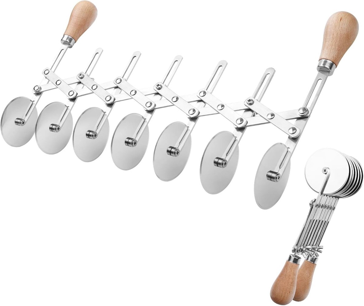 Deegsnijder met Houten Handvat - Multi-wiel - Verstelbare Breedte - Voedselveilig Roestvrij Staal - Voor Pizza, Brood en Cake