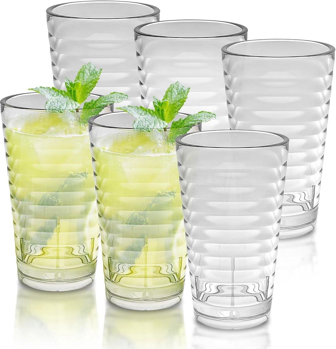 Stapelbare glazen drinkglazen, set van 6 stuks, onbreekbaar, geschikt voor koude en warme dranken, vaatwasmachinebestendig voor familie, feestjes en restaurant (385 ml)