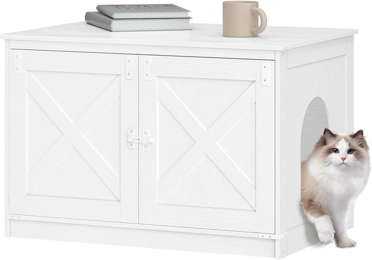 Hzuaneri Kattenkast, 80 cm Kattenkast, Kattenhuis, Wit, Kattenbak met Verwijderbare Scheidingswand, Omkeerbare Ingang Links of Rechts, te Gebruiken als Dressoir, 80 x 50 x 54 cm