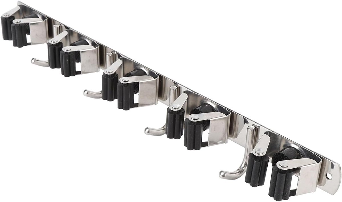 SnelShoppen - Broom Organizer Wandbevestiging Mop en Bezemhouder 5 Slots 4 Haken Rvs Broom Hanger met Rubber Rollen voor Garage Wasruimte Kast