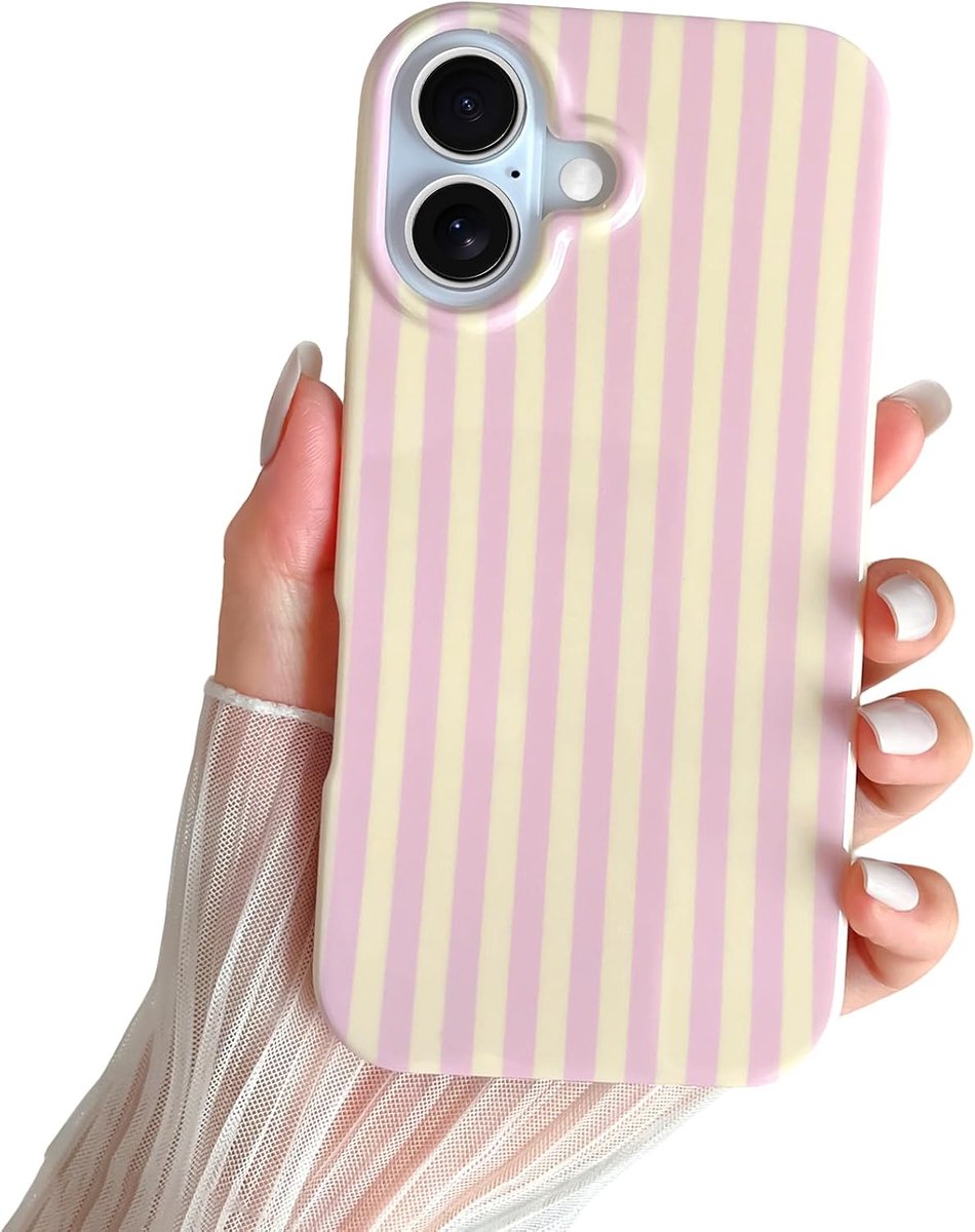 SnelShoppen - iPhone 16 Hoesje Schattig Gestreept Telefoonhoesje Zacht TPU Slim Schokbestendig Telefooncase voor Vrouwen Meisjes Mooi en Stijlvol, Roz