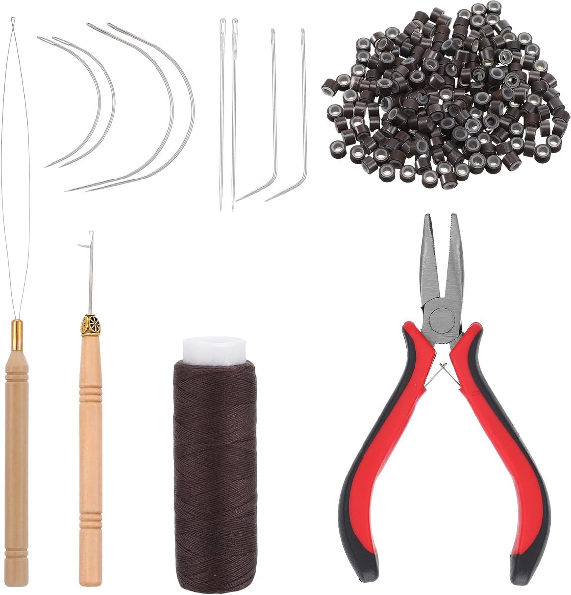 200 pieces brown silicone hair beads, 1 hair tongs with three holes, 1 roll of sewing thread, 1 x hair tongs with - ShopVlot