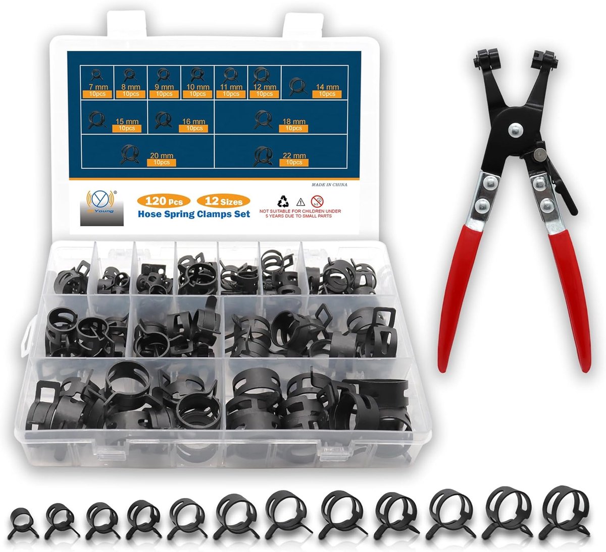 SnelShoppen - 120Pcs Slangklemmen Set, 7-22mm Veerklemmen voor Brandstofleiding, Slangklem Clips voor Auto, Motor en Scooter (12 Maten + Tang)
