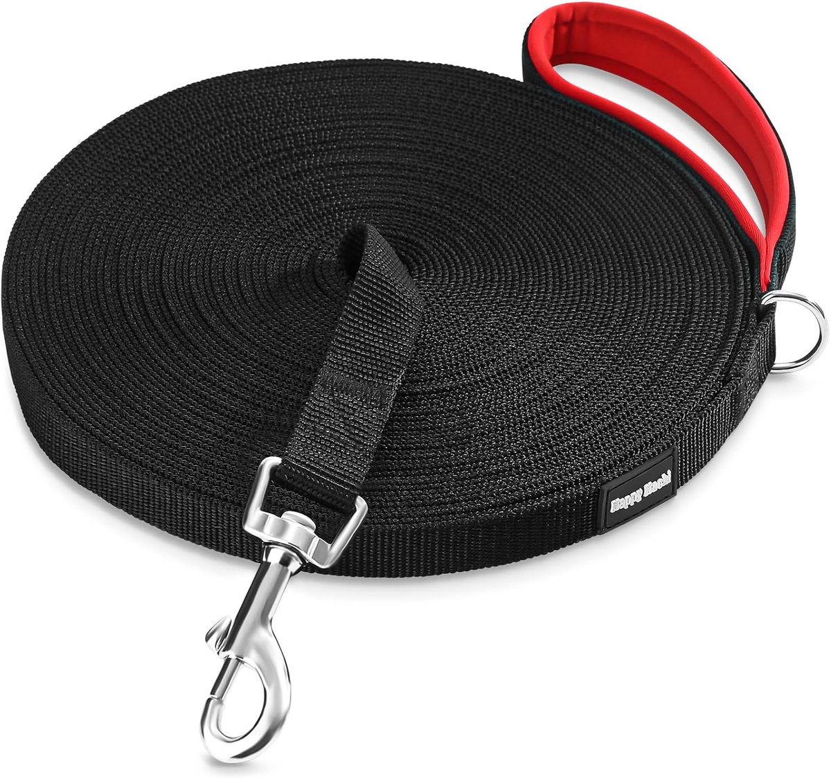 SnelShoppen - HAPPY HACHI Hondenriem 33m Zwart Nylon Trainingslijn met Handvat, Handenvrij voor Kleine tot Grote Honden, Perfect voor Wandelen en Jogg