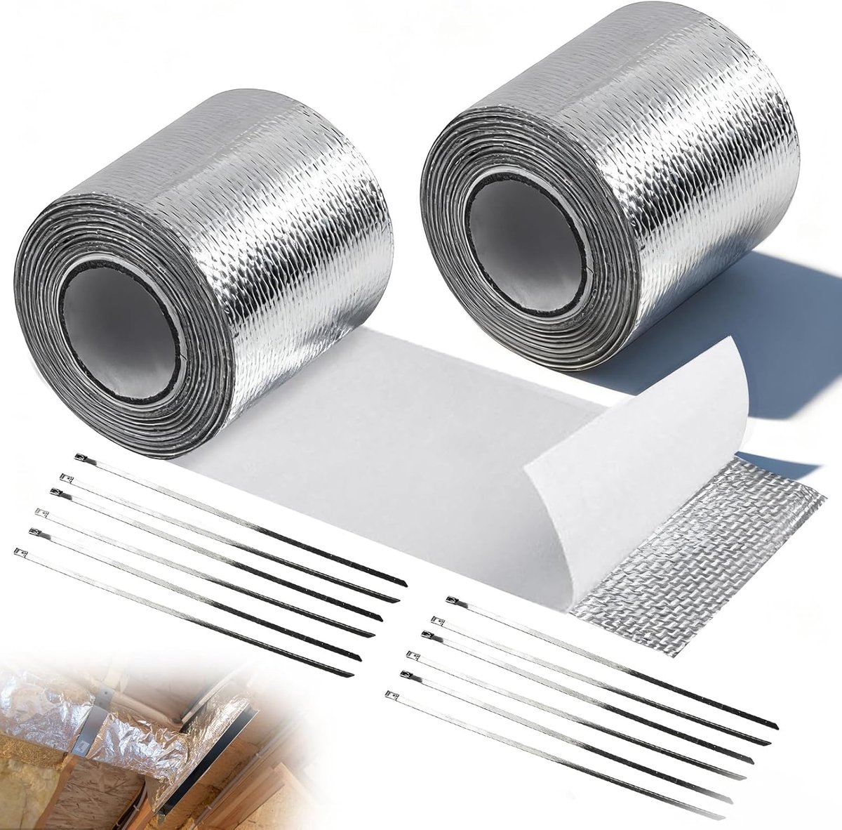 SnelShoppen - 2 stuks Zelfklevende Warmtebescherming Tape 5m x 5cm Aluminium Tape, Warmtebescherming Uitlaat met 12 Kabelbinders, Uitlaat Reparatie Ki