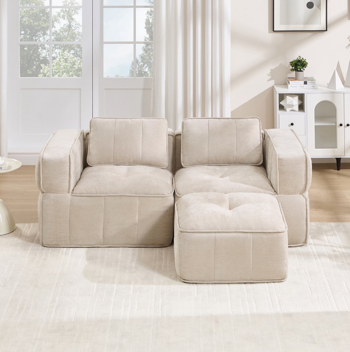 FloraGrace Hoekbank - 2-Zits Modulaire Hoekbank Met Hocker - Zonder Frame, Diepe Zit, Antislip En Zachte Bekleding - Woonkamer En Appartement - Polyester - Beige