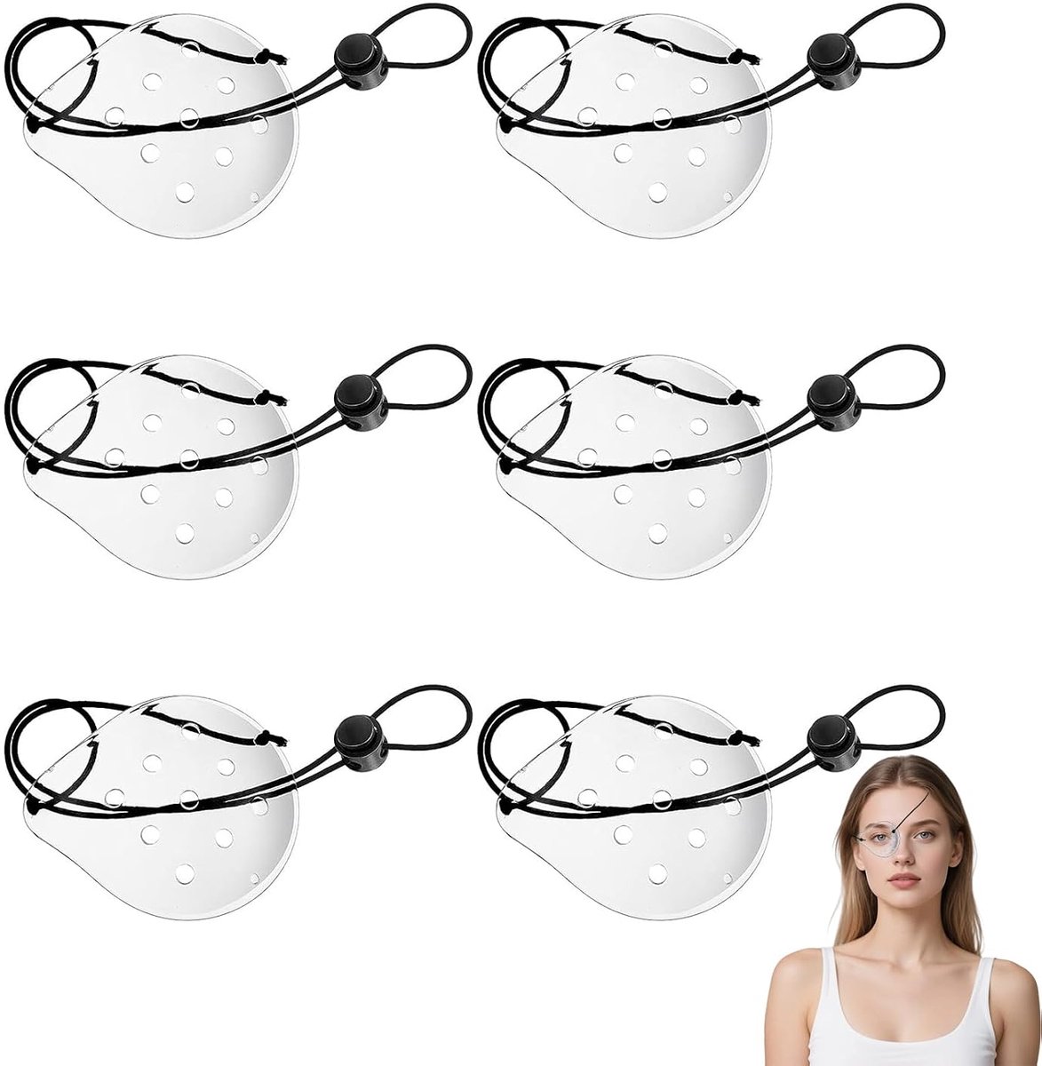 SnelShoppen - Pack van 6 Transparante Oogmaskers, Plastic Perforated Oogbescherming met 9 Gaten en Verstelbare Touw, Ademend Oogmasker voor Mannen en