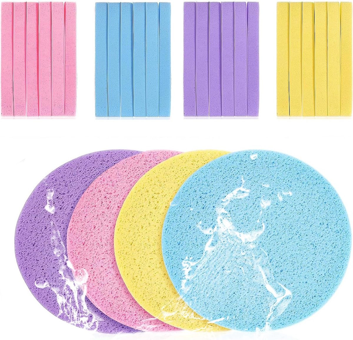 SnelShoppen - 48 Stuks Gecomprimeerde Gezichtsponzen, Cellulose Makeup Sponsen Herbruikbaar voor Schoonmaken, Wassen en Peeling Gezicht in Geel, Roze,