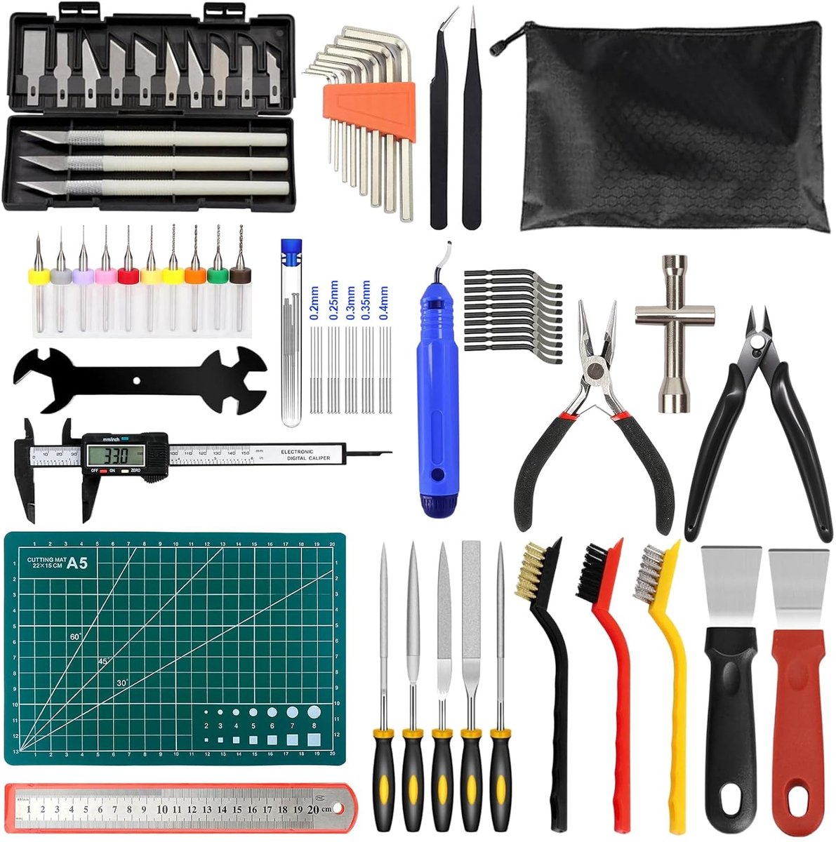 SnelShoppen - 82-delige 3D Printer Accessoires Set met Gereedschap, Tweezers, Tangen, Snijmes, Reinigingsnaalden, Sloten en Meer voor 3D Printen en Af