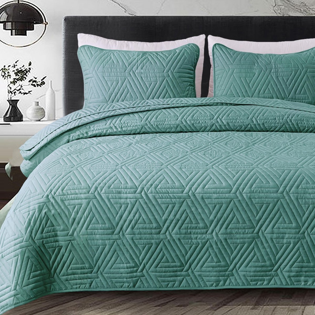 SnelShoppen - Whale Flotilla sprei 220 x 240 cm, bedsprei met 2 kussenslopen, zachte microvezel quilt met geometrische patronen in turkooisgroen voor