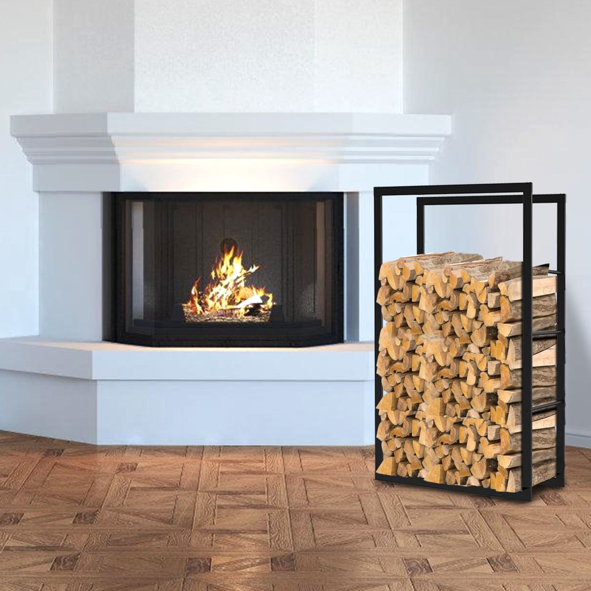 Brandhoutrek haardhoutrek van zwart metaal, 100 x 60 x 25 cm, draagvermogen 150 kg, geventileerde houtopslag met antislipvoeten