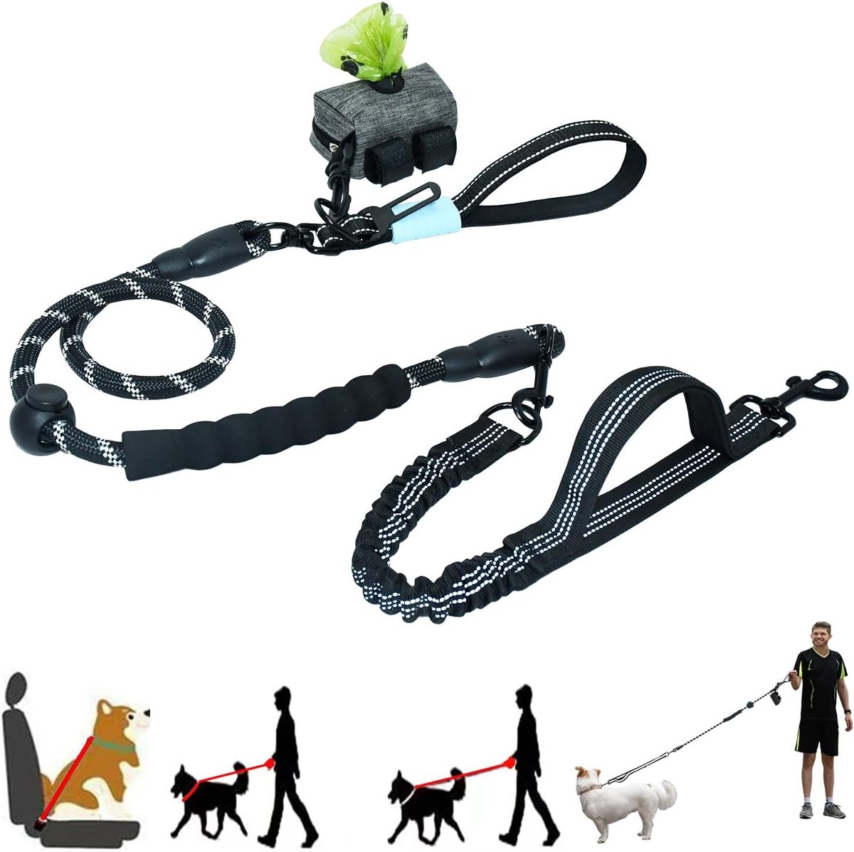 Antitrek Bungee Hondenriem - Zwart - 1.8m - Schokabsorberend Nylon met 3 Handvatten - Voor Grote Honden