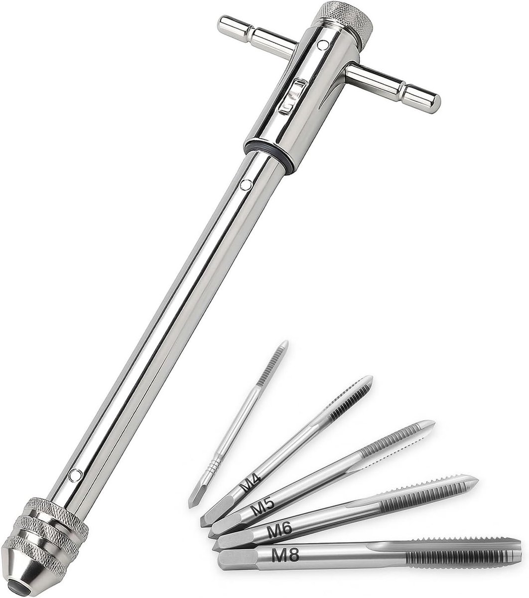 SnelShoppen - Verstelbare T-handgreep ratel kraanhouder sleutel (248mm/9.76") met 5-delige M3-M8 machine draad metrische plug T-vormige tap handmatige