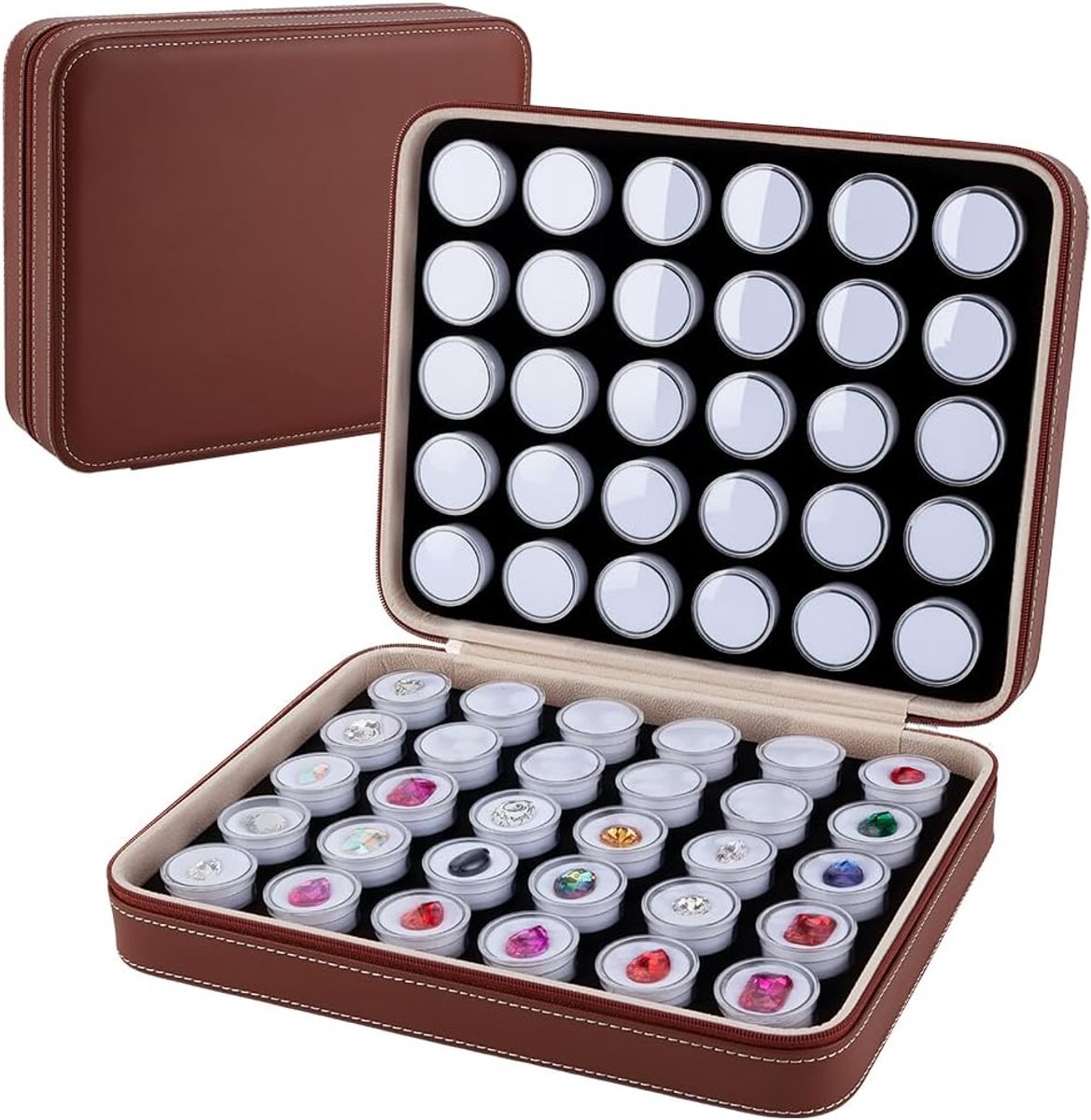 SnelShoppen - Luxe Leren Sieradenbox Set 25,7x20,5x6,8 cm met 60 Plastic Ronde Dozen voor Loose Diamanten, Ketting Sluitingen en Nagelkunst, Multi-poc