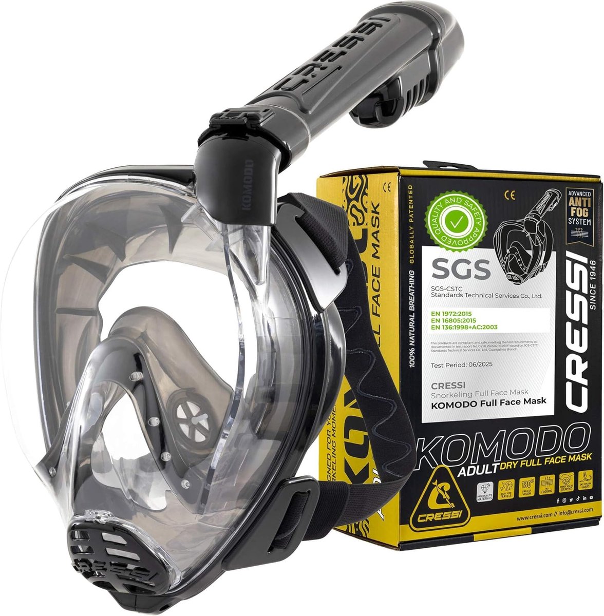 SnelShoppen - Volgelaats snorkelmasker CRESSI Komodo - 180° Full Face met ultraheldere polycarbonaat lens - Hypoallergene siliconen - Maten S/M en M/L