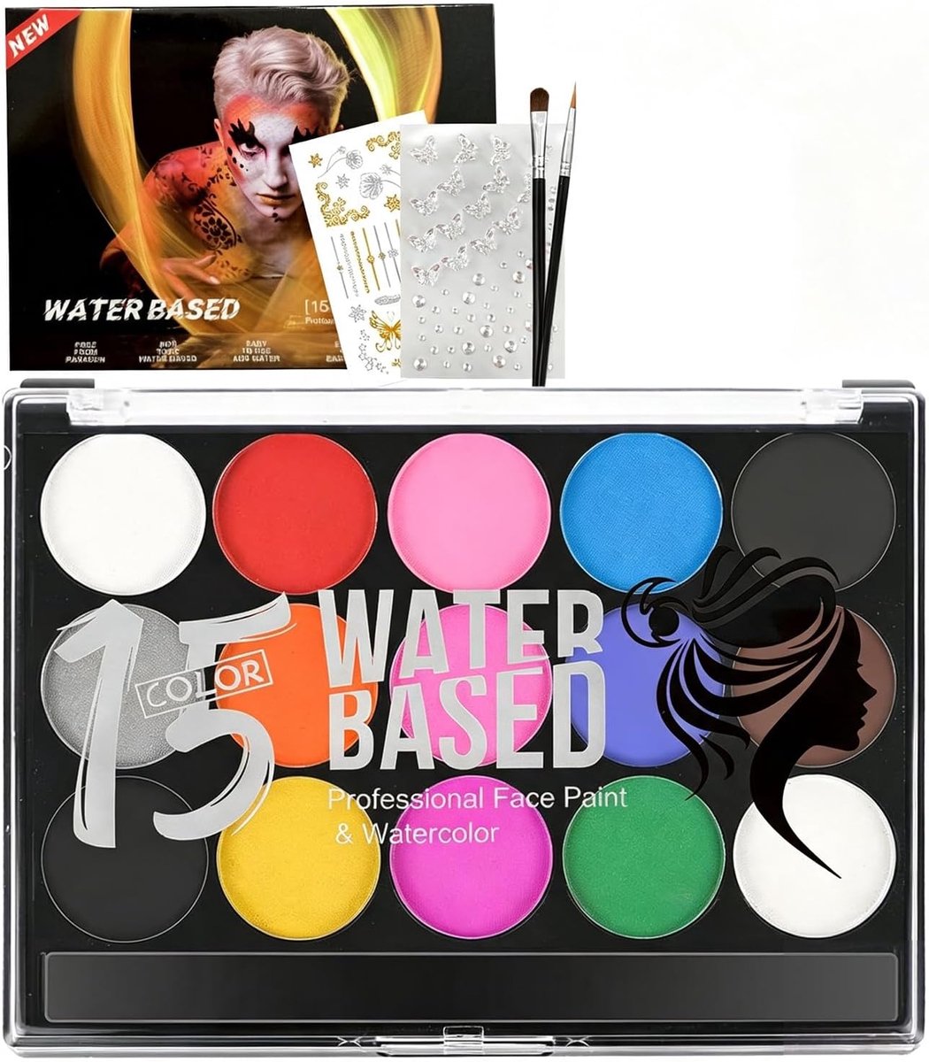 SnelShoppen - Kinderschminkset, Kinder Make-up, Kinder Gezichtsverf, Waterbasis, Carnaval, Halloween, Lichaamsverf, 20 Kleuren, Compleet met Stencils