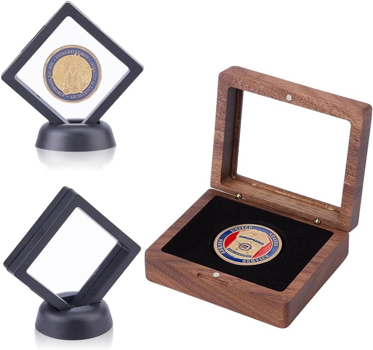 SnelShoppen - Houten Muntenbox met 2 Sets Zwevende Framestandaarden - Kleine Challenge Muntenhouder 9,5 x 8 x 3,7 cm - Opbergdoos met Venster voor Ver