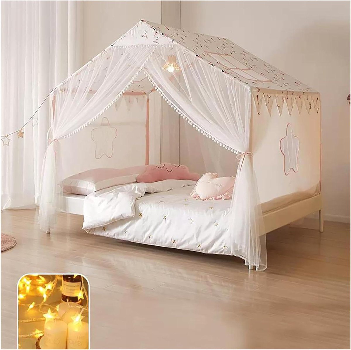 Muggennet Hemelbed - Klamboe Tent - Slaapkamer Decoratie - Kasteel Design Met Sterrenlichtjes - Full L - Elk