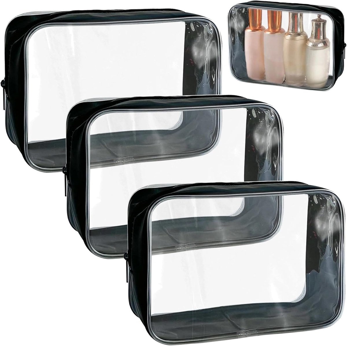 SnelShoppen - Pack van 2 Transparante Toilettassen, Waterdicht PVC, Reisaccessoires, Lichtgewicht Reis Cosmetica Tas, Zwart, Minimalistisch, Perfect v