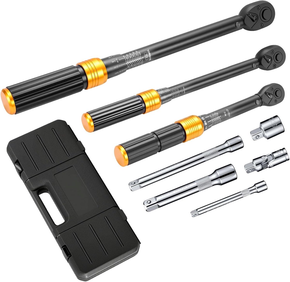 SnelShoppen - Professionele Momentsleutel Set 3-Delig (1/4", 3/8", 1/2"), 72 Tanden Rats, ± 3% Nauwkeurigheid, Inclusief 3 Verlengstukken en 2 Adapter