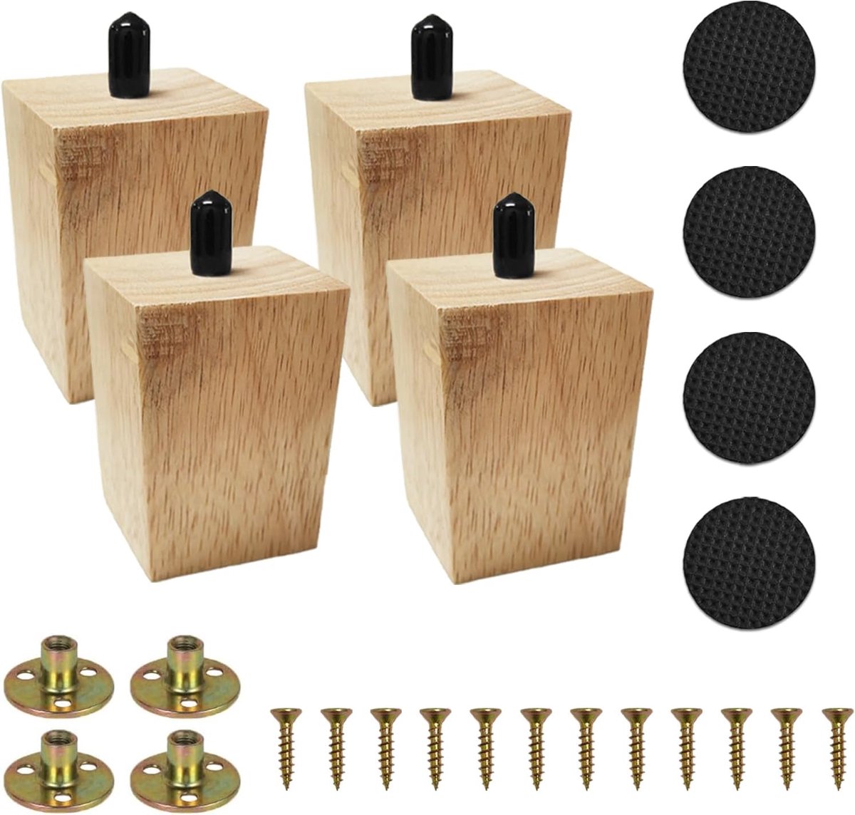 SnelShoppen - Houten Meubelpoten Set van 4, Vierkante Robuuste Meubelpoten voor Bank & Kast, Hoogwaardige Massief Hout, Zwart of Natuurlijk Hout, 3 Ho