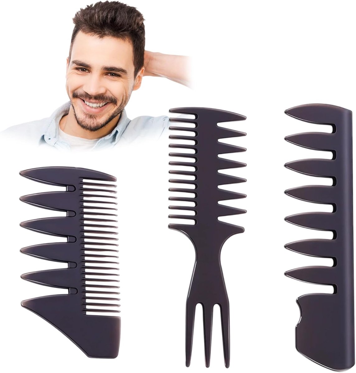 SnelShoppen - Haarborstel voor Mannen, Retro Brede Tanden Kam, 3-in-1 Plastic Kam, Ontklittende Haar Kam voor Mannen, Kappers en Haarstyling
