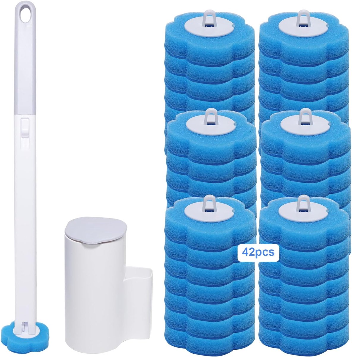 SnelShoppen - Wegwerp Toiletborstel Set met 42 Vervangbare Sponskoppen, Toilet Cleaner Refills, Praktische Opbergdoos, Ocean Fresh Geur, Ideaal voor B
