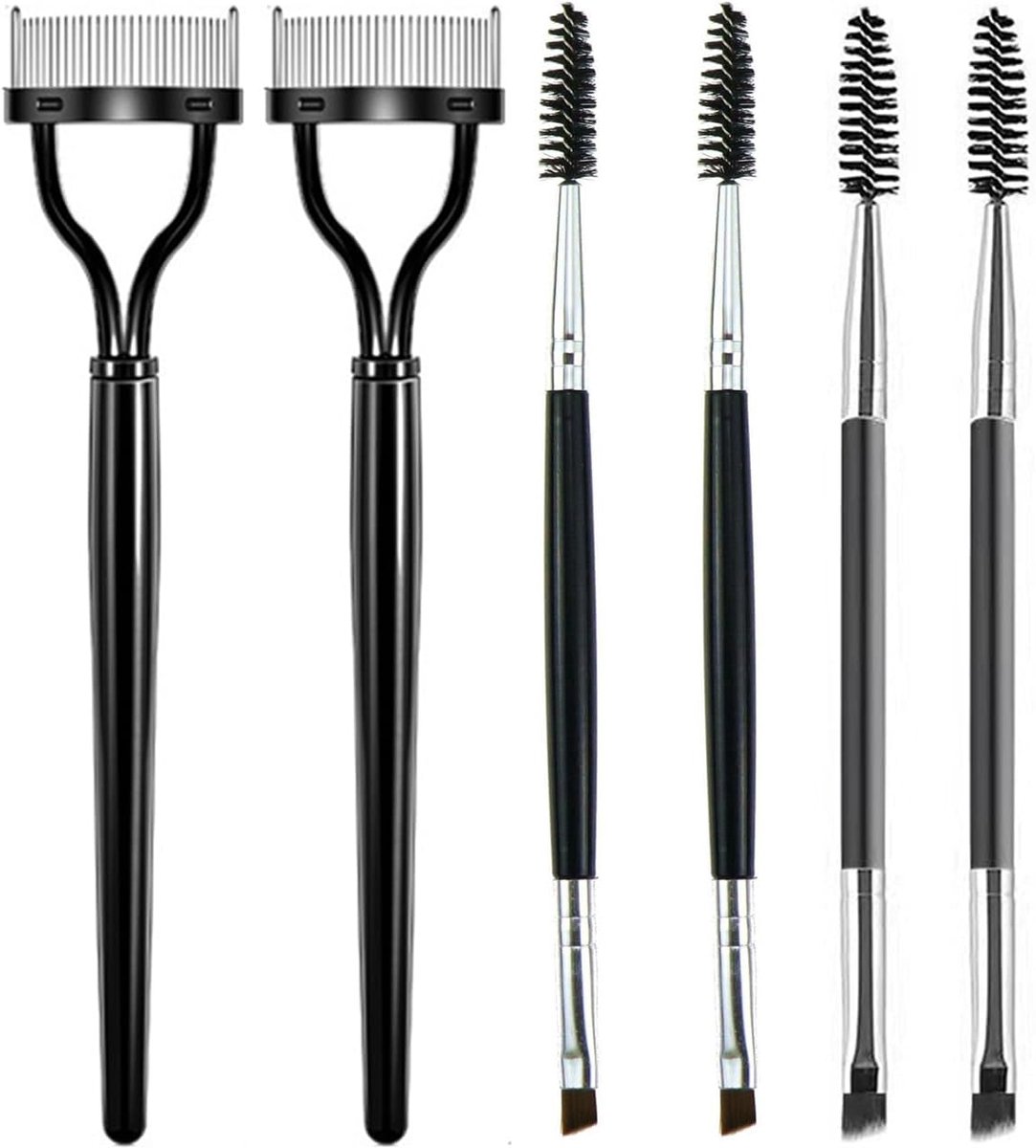 SnelShoppen - 6-delige Mascara Borstel Set, Dubbele Oogschaduw Borstel, 2-in-1 Wimper Borstel, Halve Gebogen Stalen Tanden Oogbrauw Kam, Make-up Geree