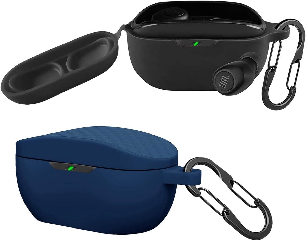 SnelShoppen - 2x Beschermhoes voor JBL Wave Buds - Ultra Dun Zwart Blauw - Silicone Case met 2 Karabijnhaken - Schokbestendige Bluetooth Hoofdtelefoon
