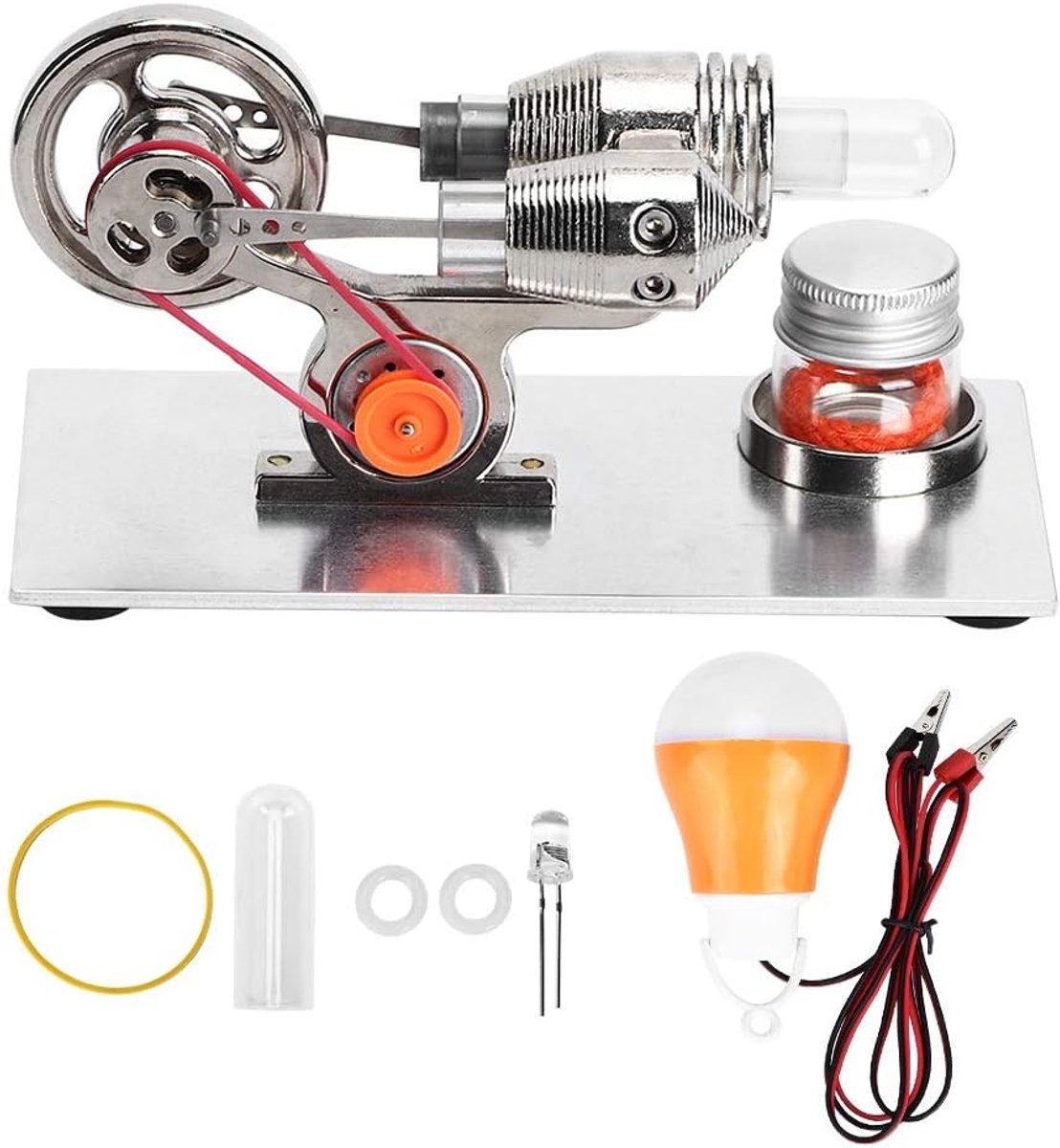 SnelShoppen - Miniatuur Stoommachine Lesmodel, Zilveren Stirling Motor Voor Elektriciteit, Metaal Constructie, Hoogwaardige Afwerking, Inclusief Reser